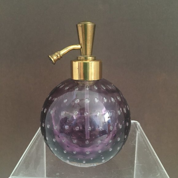 Vintage Tilso Perfume Bottle Amethyst Controlled Bubble Art Glass Brass Japan - Picture 3 of 8
